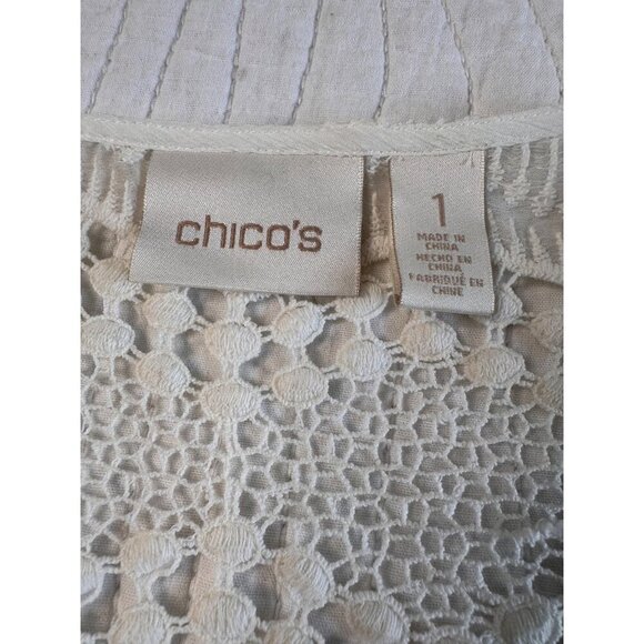 Chico's Ivory Sheer Embroidered Lace Tunic Blouse 3/4 Sleeves Asymmetric Hem - Picture 7 of 11